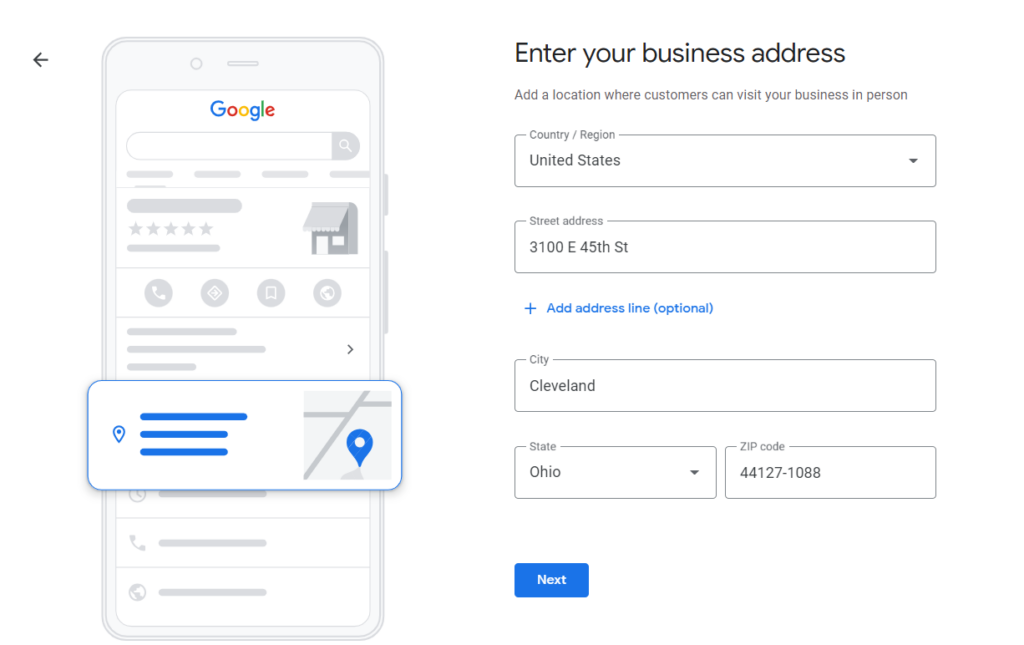 Where you'll enter business address in Business Profile