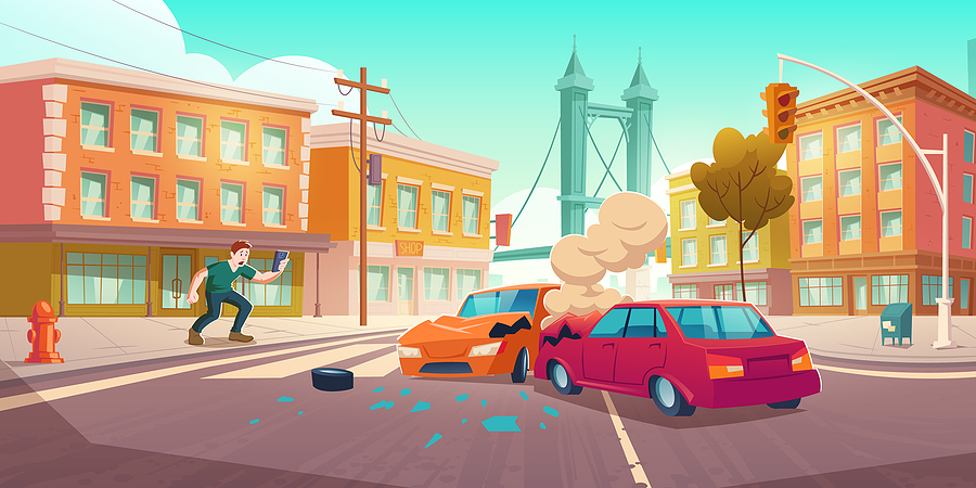 Man Shoots Car Crash On Smartphone. Auto Accident On Crossroad O