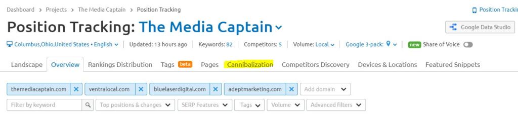Tracking Tool in SEMRush to Detect Keyword Cannibalization