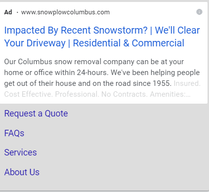 Example of PPC Ad Copy for Snow Removal Company