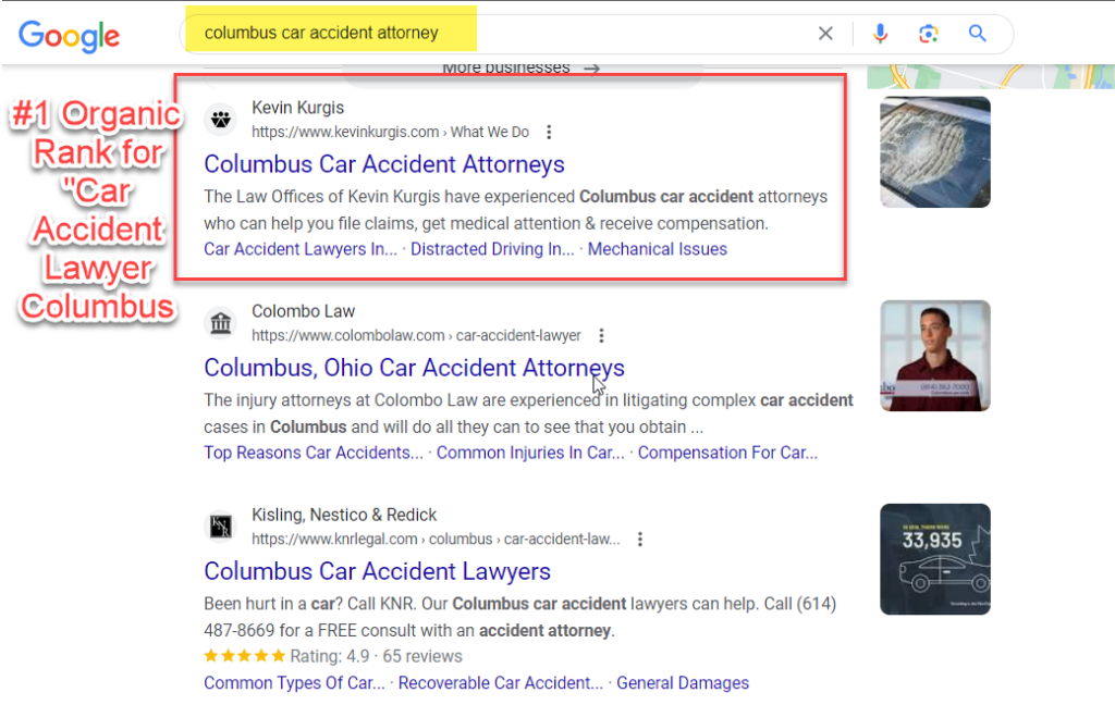 strong rank on google for auto accident lawyer keywords.