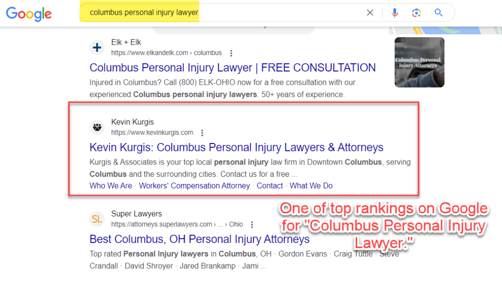 top ranking on Google for personal injury keyword.