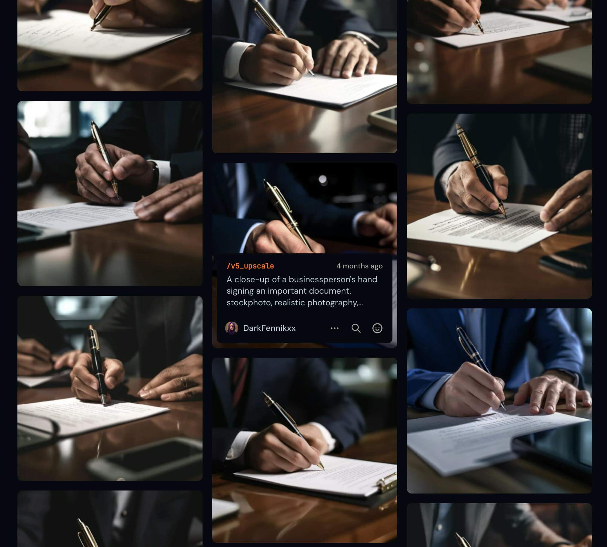 An example of AI-generated photos of a person signing a document