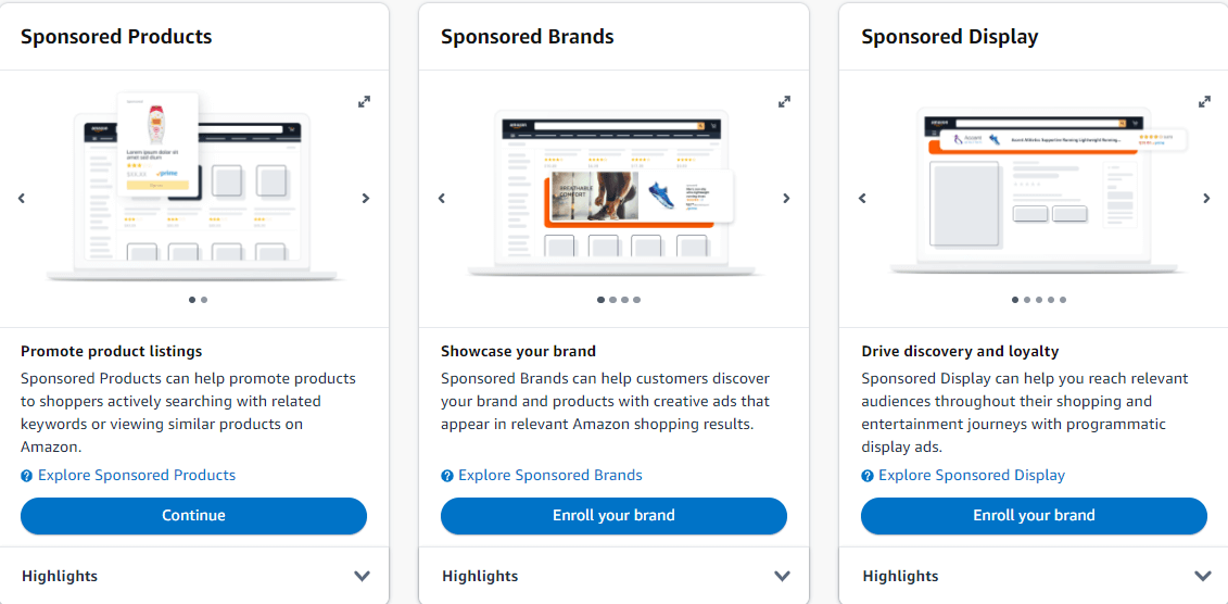 A screenshot showing the three types of campaigns that you'll come across when learning how to create an Amazon PPC campaign.