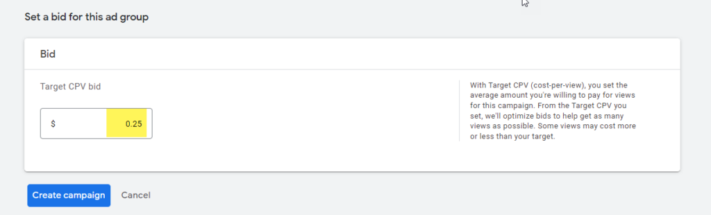 Setting a cost per view bid within YouTube retargeting.