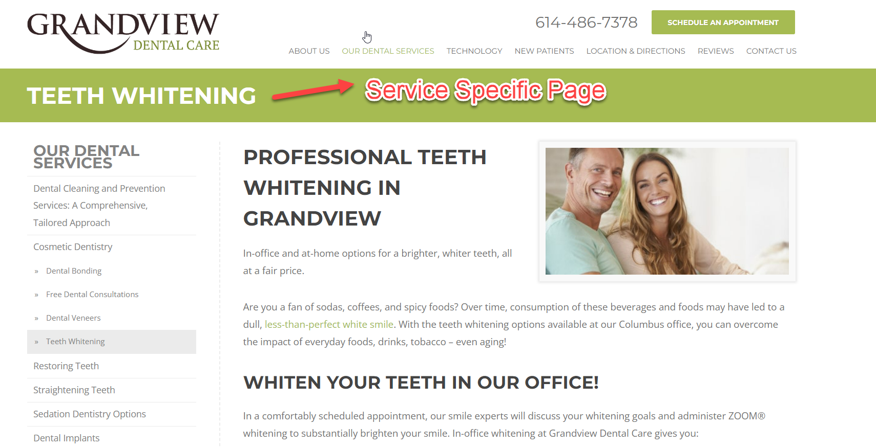 An example of the service page someone lands on for teeth whitening. The content on the page aligns with the search intent.