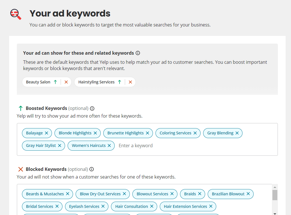Selecting ad keywords on Yelp and adding in negatives.