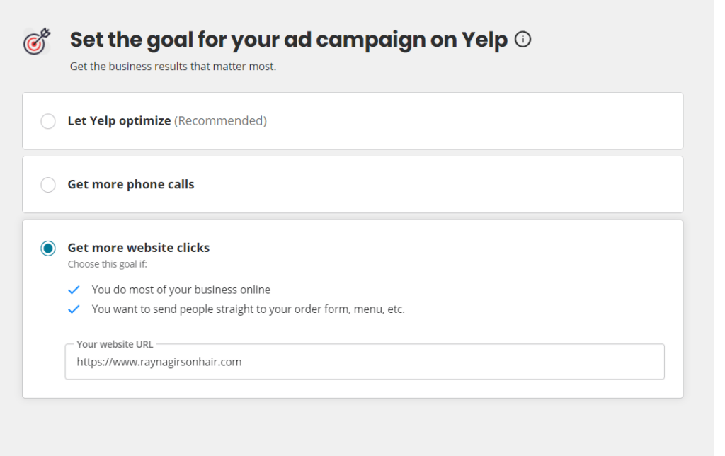Select between calls, website traffic or Yelp can optimize for goals based on what they deem to be best. 