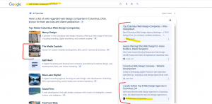 An AI Overviews answer and citations for "web design companies columbus" Google search, with two directories and The Media Captain listing marked in red.