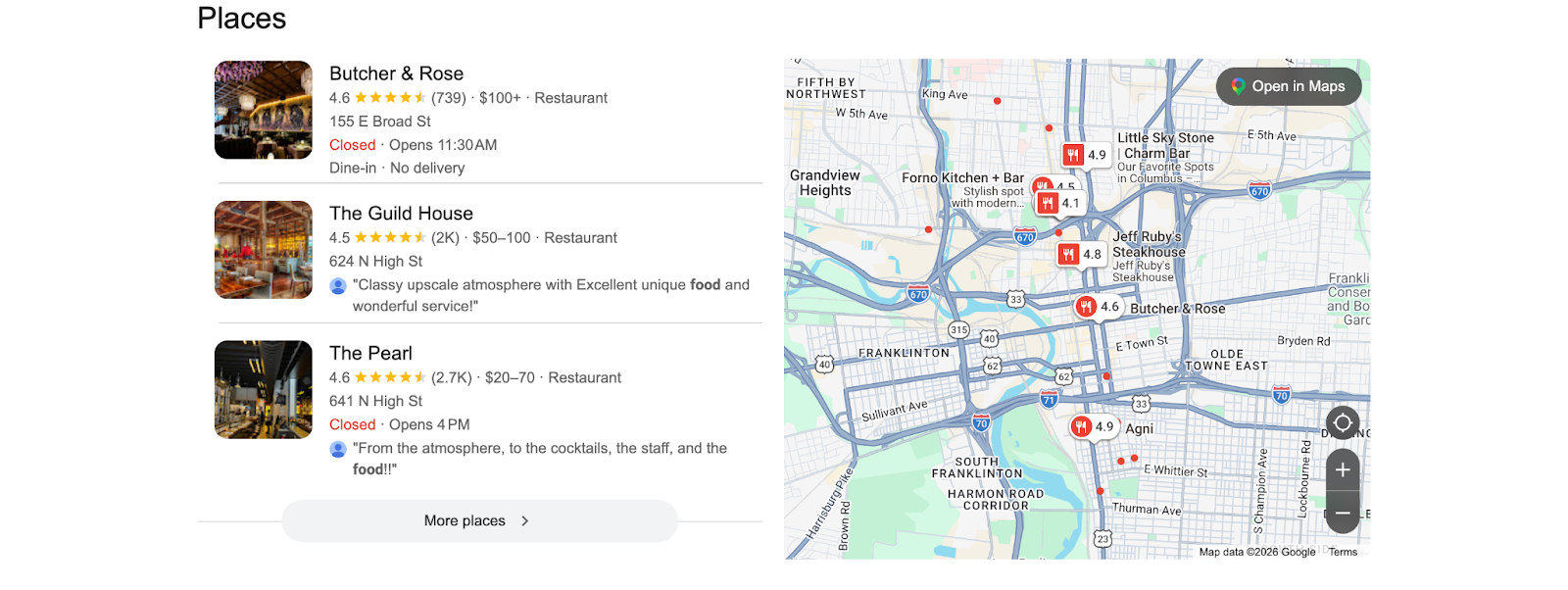 Google Local pack results for "best restaurants in columbus ohio"