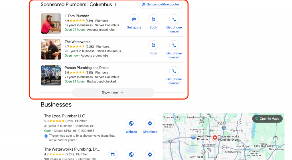 The GLSA results for plumbers in Columbus, Ohio, circled with a red box. 