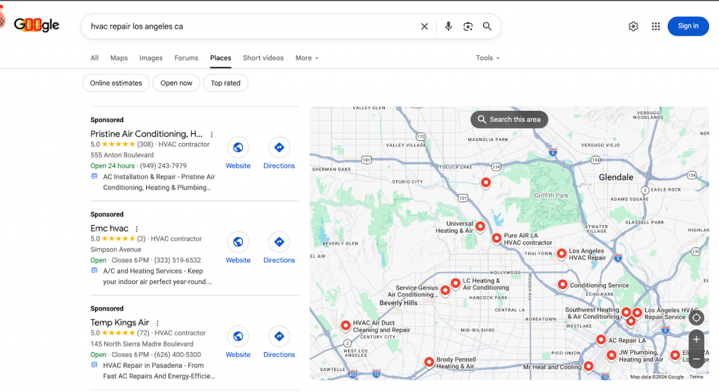 The local Places tab for "hvac repair los angeles ca" showing three sponsored ads in the top three positions.