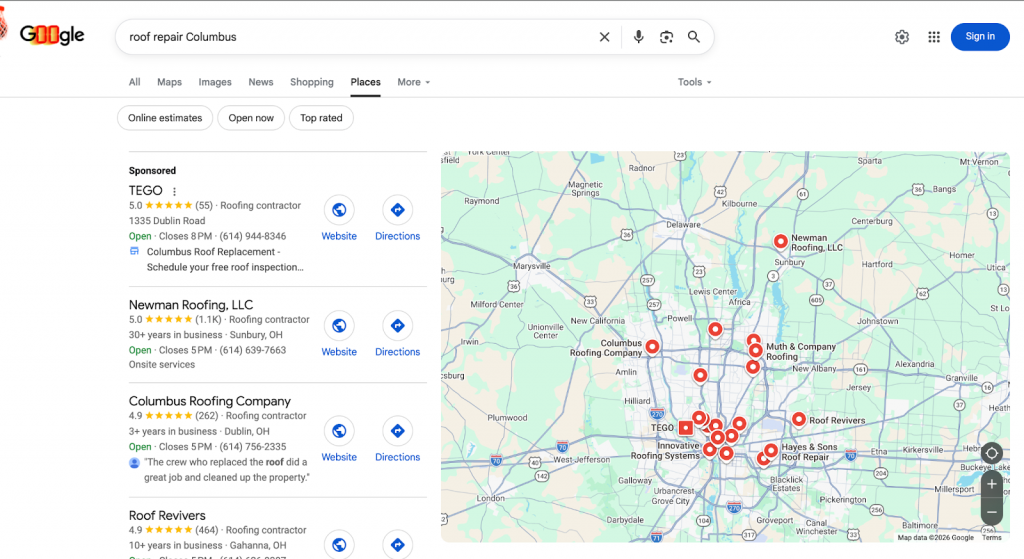 Google Local Places results for "roof repair columbus", showing TEGO at the top position with a sponsored ad.