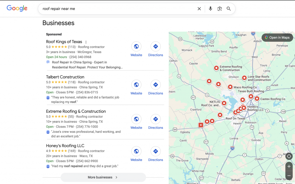Google Local Pack results for "roof repair near me" in Waco, TX, with a sponsored ad at the top. 