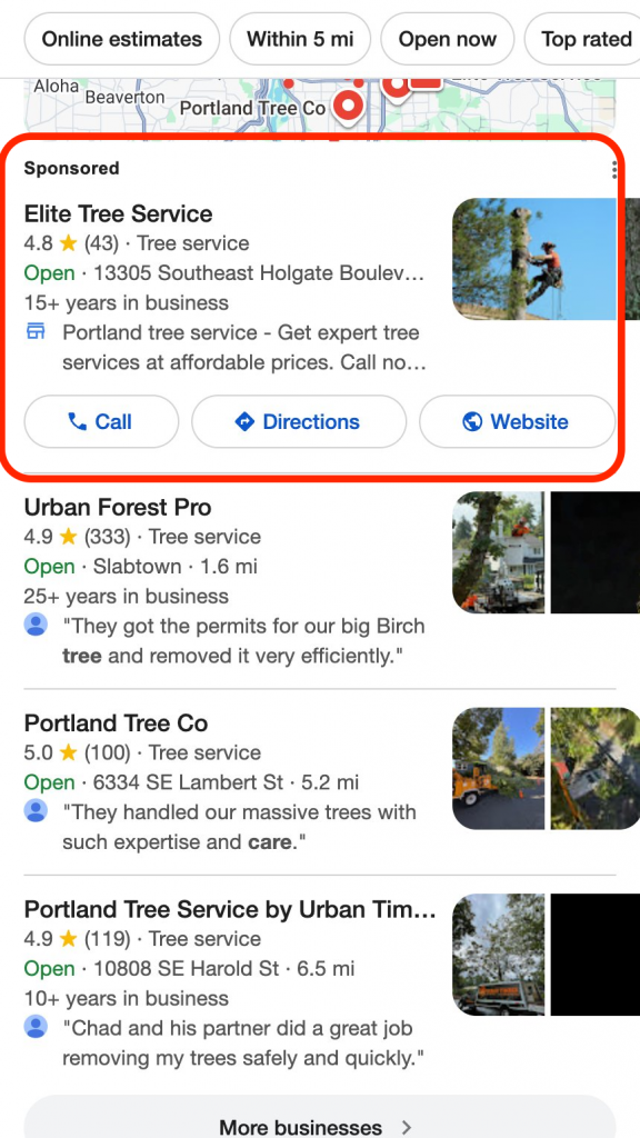 A sponsored ad in Google Local Pack by Elite Tree Service circled with a red box, signifying prominence over the organic listings in the Pack.