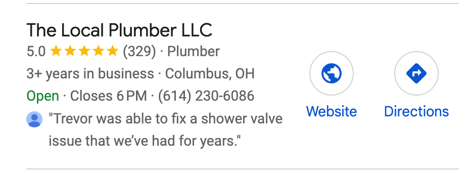 The Local Plumber LLC's Google Local Pack listing with reviews, hours and contact information.