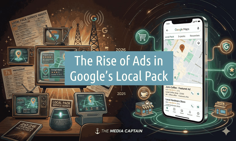 A blue central banner reading "The Rise of Ads in Google’s Local Pack" is set against a conceptual background of vintage televisions, a 2026 trends report, and a modern smartphone displaying a Google Maps local business result, illustrating the evolution of local search advertising.
