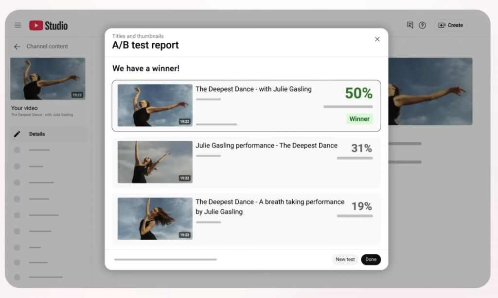 A/B test report from YouTube with 3 thumbnails listed, the top won being declared the winner.
