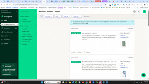 A screenshot of the Trustpilot business dashboard showing the "Product reviews - Inbox" interface with a 5-star review for a skincare product from a customer named Kristen Walsh.