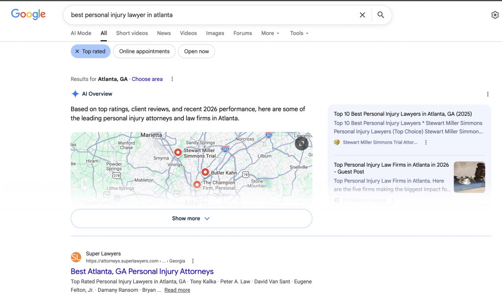 Google search results for “Best Personal Injury Lawyer in Atlanta.”