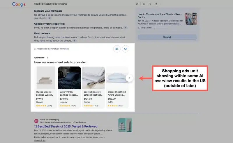 An example of a shopping ad for bed sheets in AI Overviews, highlighted with a circled red box next to it that says "Shopping ads unit showing within some AI overview results in the US (outside of labs).