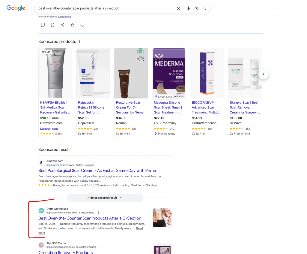 A Google search results page for "best over-the-counter scar products after a c-section" showing DermWarehouse ranking in the top organic position below the sponsored shopping and search ads.