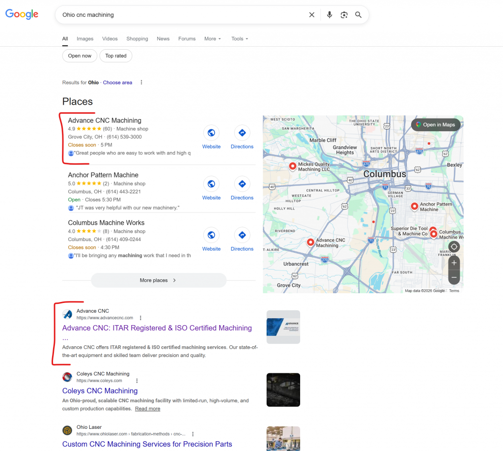 A Google search results page for "Ohio cnc machining" showing Advance CNC Machining ranking first in both the local map "Places" pack and the organic search listings.