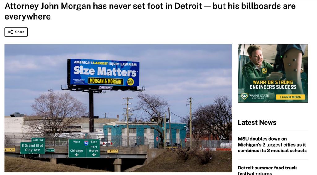 Snippet of an article in Crain's Detroit Business about John Morgan's advertising presence.