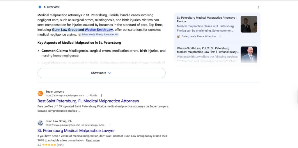 Google search results for “Medical Malpractice, St. Petersburg.”