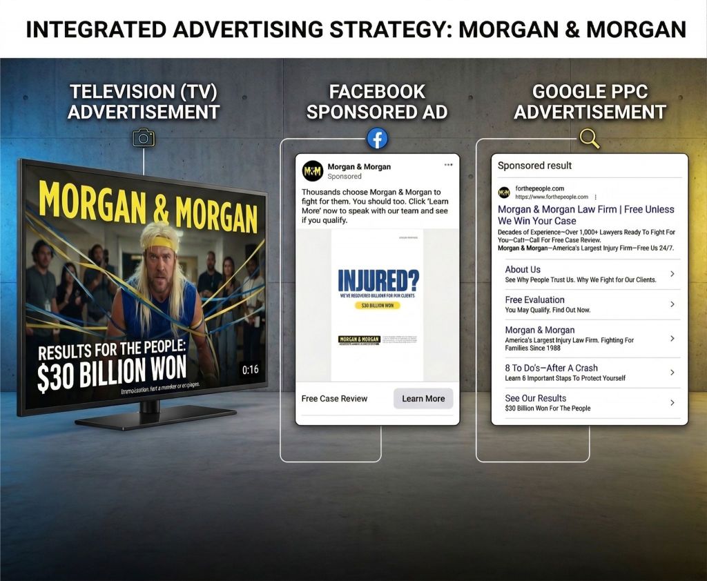 Three integrated ads for Morgan & Morgan, showcasing consistent messaging across channels, including TV, Facebook and Google PPC. 
