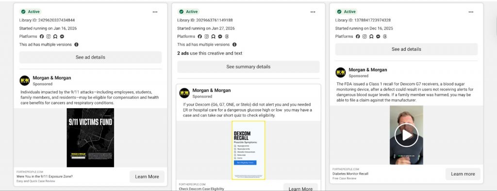 Three Morgan & Morgan ads next to each other from Facebook Ads Library.