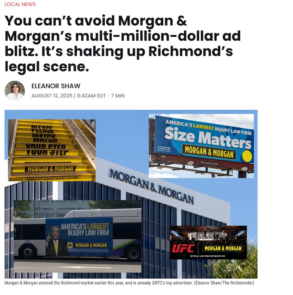 Snippet of an article in The Richmonder about Morgan's & Morgan's multi-million dollar ad blitz in the city.