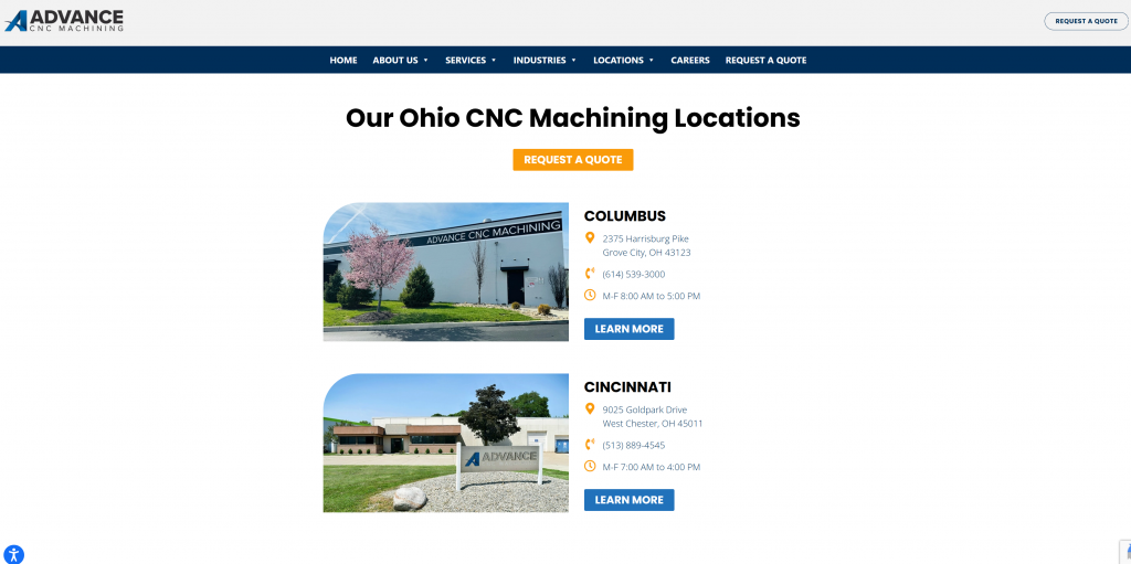 Advance CNC Ohio CNC Machining Locations landing page.