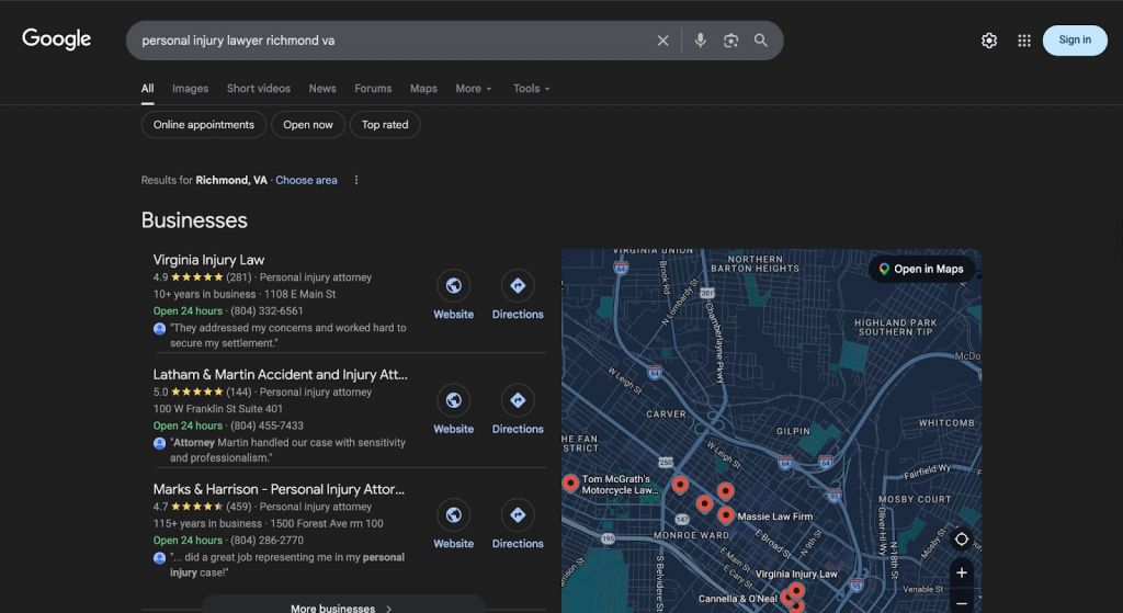 Local Map Pack results for “Personal Injury Lawyer Richmond VA.”