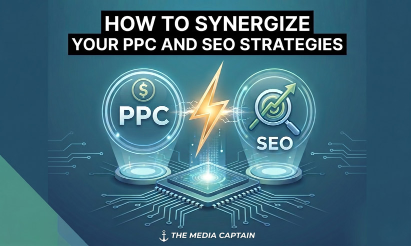 Gemini said A digital graphic titled "HOW TO SYNERGIZE YOUR PPC AND SEO STRATEGIES" featuring holographic PPC and SEO icons merging with a lightning bolt over a glowing circuit board, with The Media Captain logo at the bottom center.
