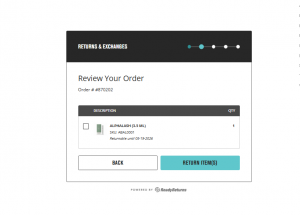 A user interface for a returns portal showing a single item, Alphalash (3.5 mL), with a checkbox to select it for a return or exchange.