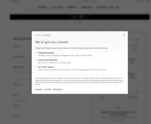 A pop-up modal explaining the benefits of Route Shipping Protection, such as instant issue resolution and 24/7 claim support for lost or damaged packages.
