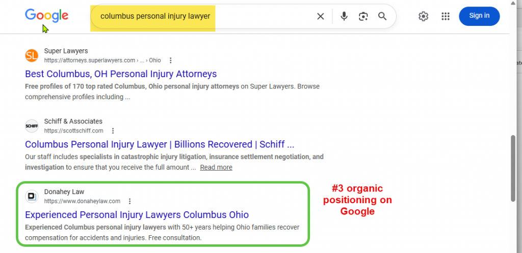 strong organic positioning for attorney