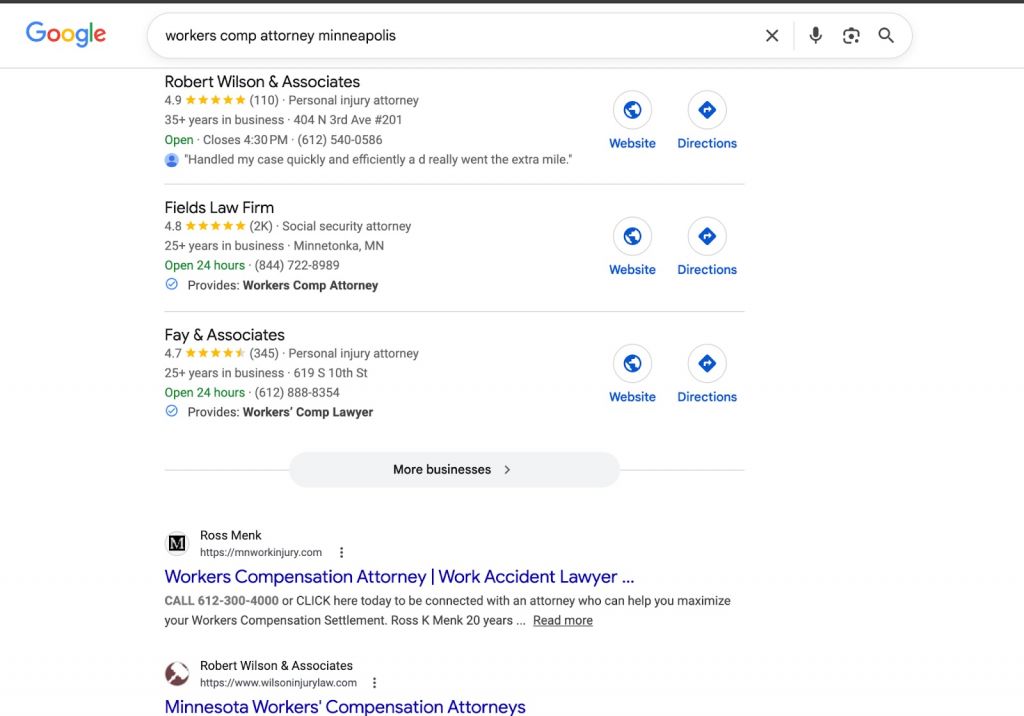 Google search results for “Workers Comp Attorney Minneapolis.”