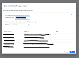 A Google Ads interface pop-up window showing options to sync and filter five specific business locations from a connected Google account.