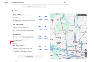 A desktop Google Search results page displaying local business listings for an SEO search, highlighting a sponsored map ad at the bottom of the list.