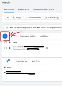 A close-up of the Google Ads asset management dashboard with a red box and arrow highlighting the blue plus sign button used to add a new asset.
