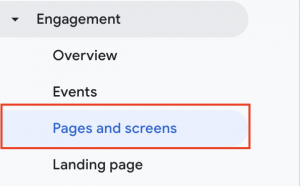 A screenshot of the Google Analytics 4 sidebar menu with the "Pages and screens" option highlighted by a red rectangular box under the Engagement section.