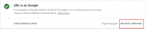 A Google Search Console interface showing that a URL is on Google, with a red box highlighting the "Request Indexing" button used for updating changed pages.
