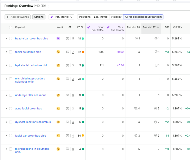 A search engine rankings overview table displays a list of primary Columbus, Ohio beauty and facial keywords where the website holds multiple number-one and top-five positions.