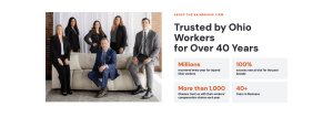 An informational website section titled "Trusted by Ohio Workers for Over 40 Years" featuring a professional group portrait of six law firm members on the left and a grid of four key firm statistics on the right.