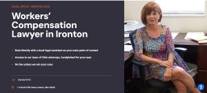 A law firm website banner titled "Workers' Compensation Lawyer in Ironton" showing a photo of legal assistant Debbie Collins seated at her desk next to a list of key service benefits, a phone number, and a physical office address.