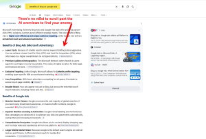 A screenshot of a Google search page showing an expanded AI Overview summarizing and comparing the benefits of Bing Ads versus Google Ads, accompanied by a side panel of cited sources.