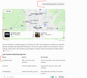 A screenshot of a ChatGPT search response for "best marketing agencies in columbus," featuring an interactive local map widget and a structured data table highlighting top agencies like The Media Captain and Social Firm.