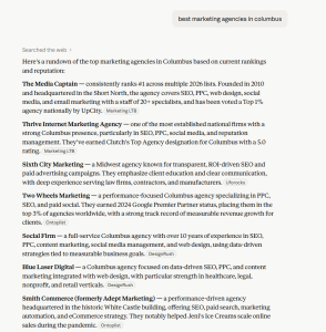 A screenshot of a Claude web-search response displaying a bulleted list of top-ranked marketing agencies in Columbus for 2026, including detailed descriptions and source citation tags for each business.